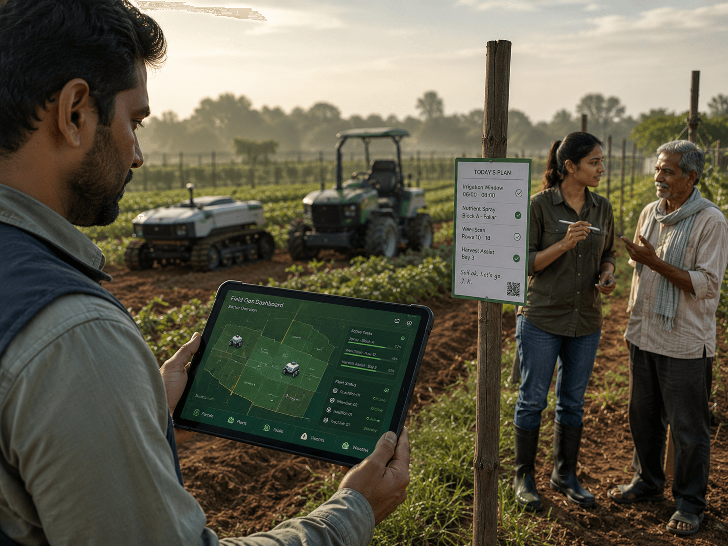 Indian farmer using Agros tablet at dawn on a fruit and vegetable farm.