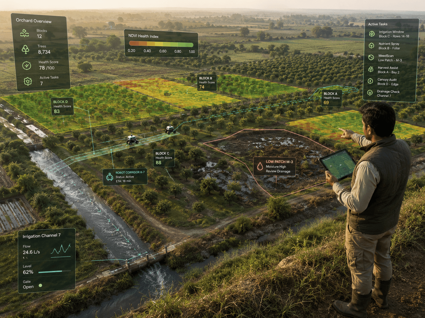 Aerial-style farm parcel map with moisture and task overlays in Agros.