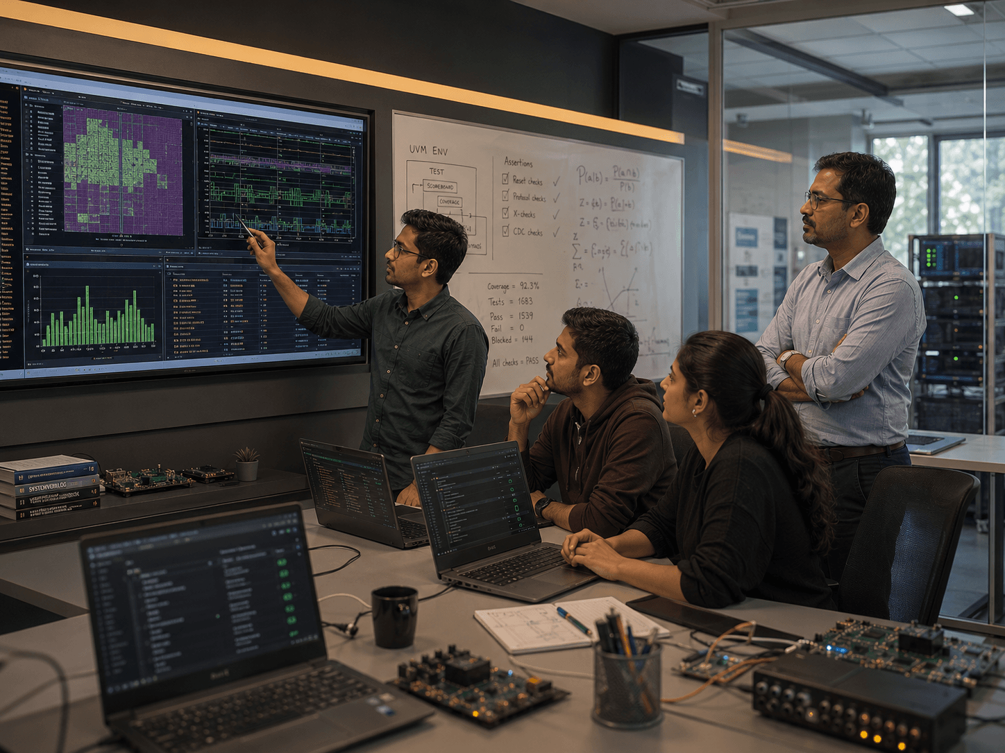 Verification team reviewing chip layout, waveforms, and UVM scoreboard metrics on a shared lab display.