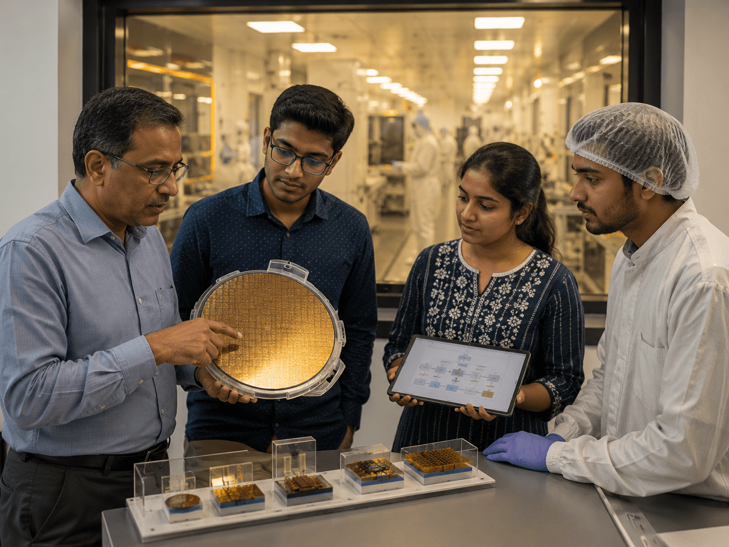 Instructor and students examining a golden silicon wafer beside a cleanroom viewing window in India.
