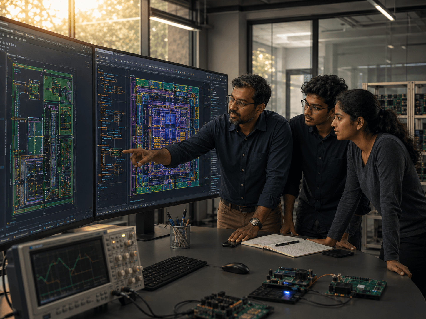 Professor mentoring students at dual monitors showing VLSI floorplans and schematics in an Indian design lab.