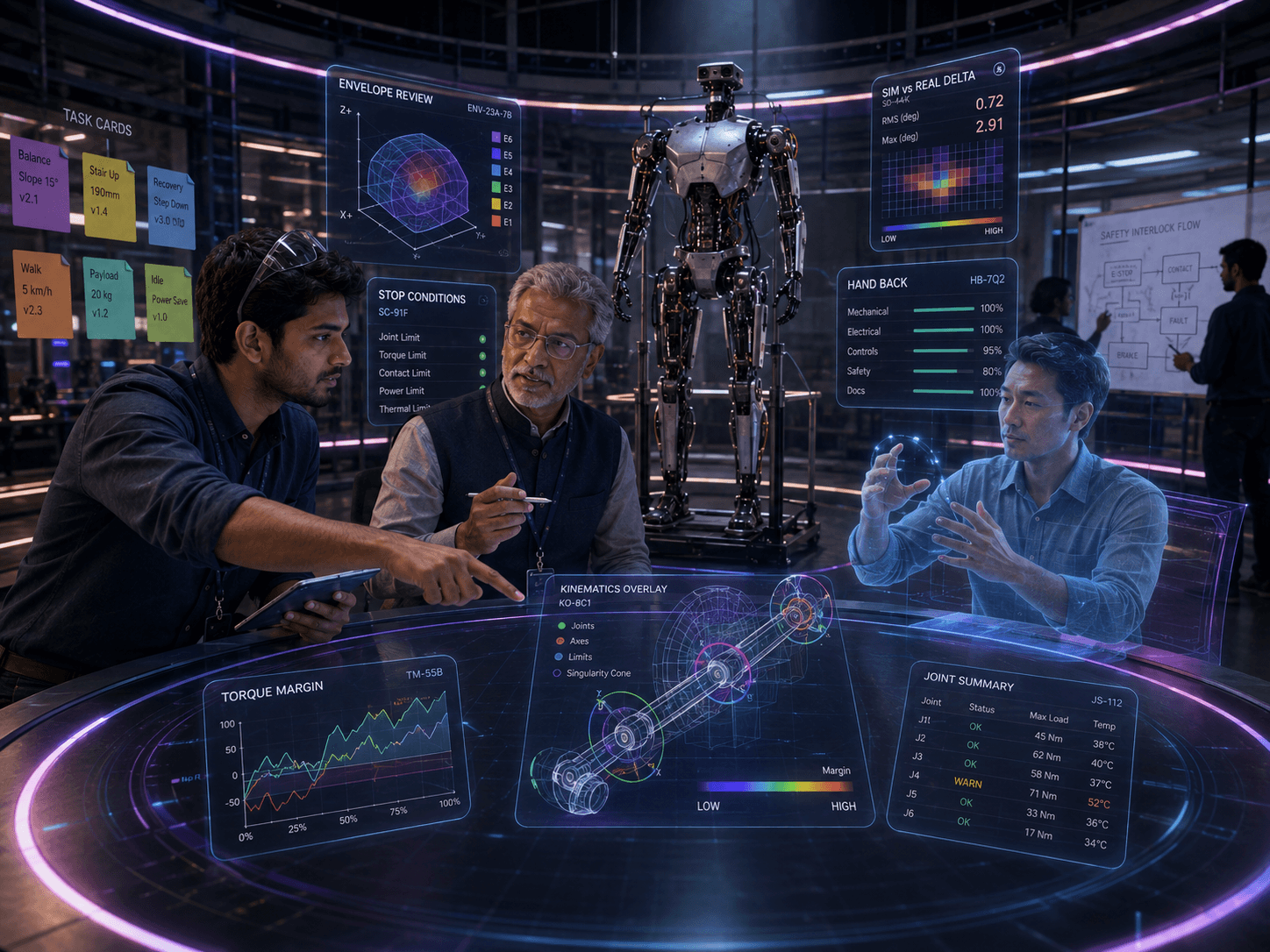 Engineer, professor, and vendor avatars jointly reviewing kinematics and safety envelopes in a shared virtual lab twin.