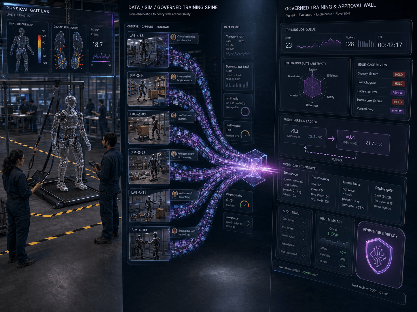 Visualization of humanoid AI stack: datasets, simulation worlds, and governed training runs in a Indian-led robotics program.
