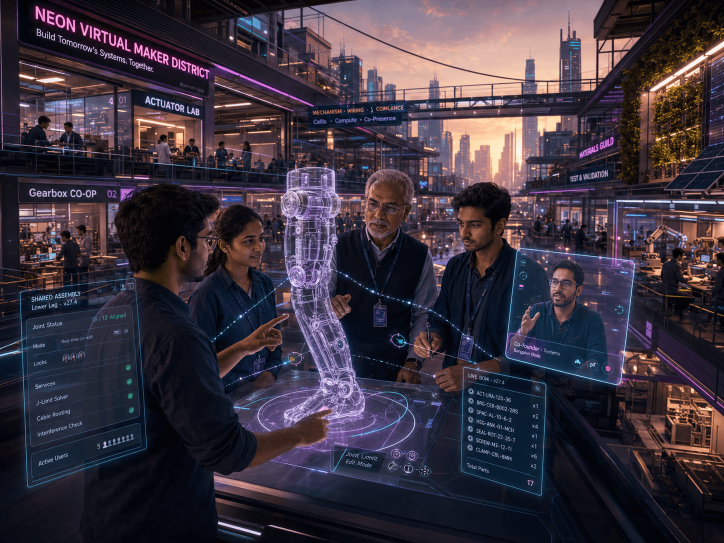 Virtual neon maker city: collaborative humanoid assembly bays and Indian engineering teams in a shared 3D workspace.