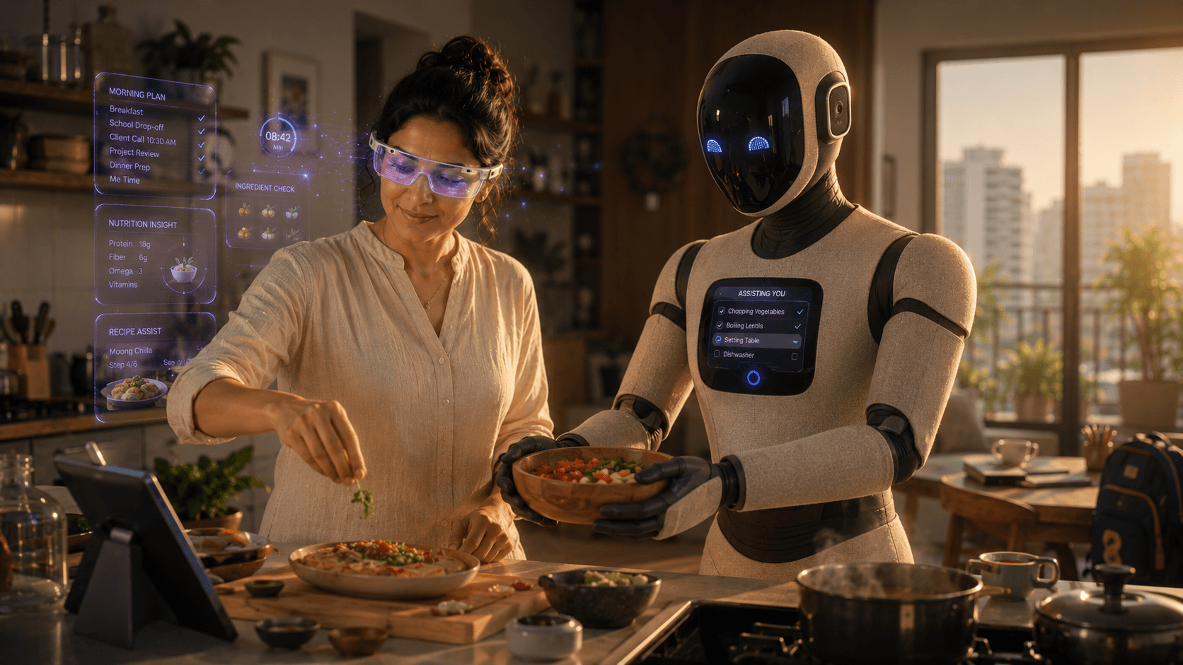 Professional designing human-AI cognitive workflow with subtle ambient intelligence in daily life.