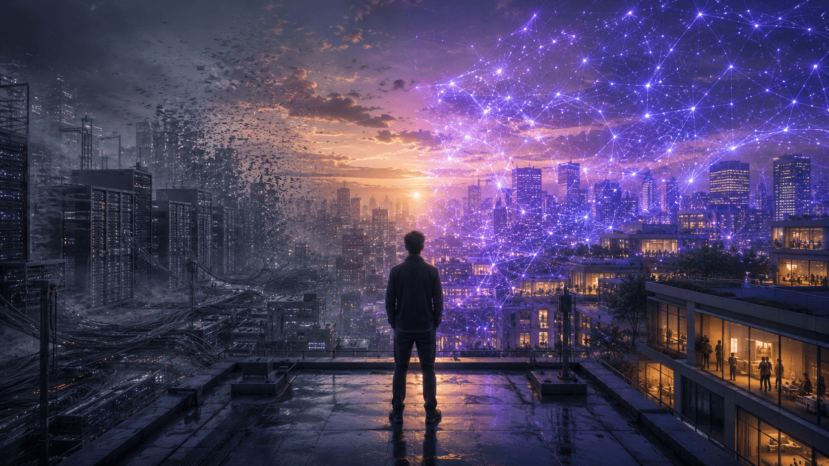Visual metaphor of civilization shifting from information-era infrastructure to intelligence-era luminous networks.