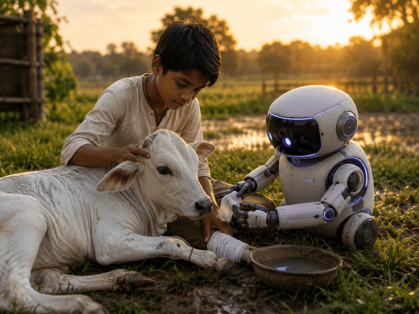 A small boy tending a wounded white cow calf with help from a friendly robot companion in a rural pasture.