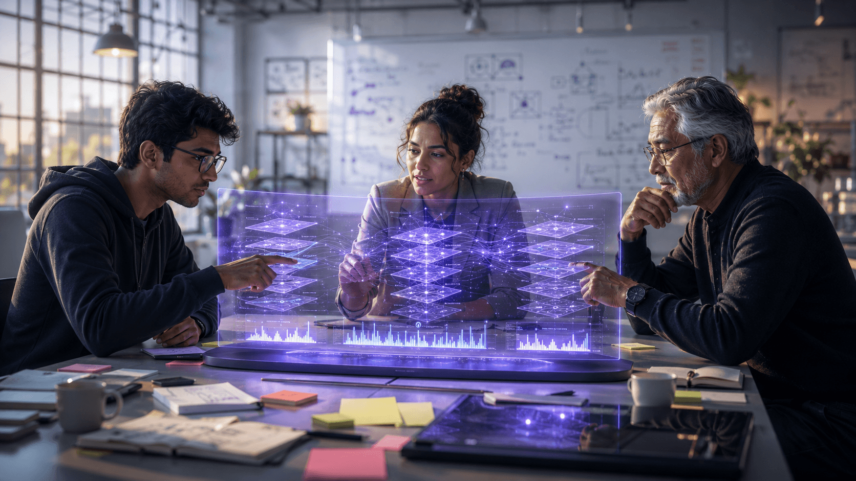 Students, entrepreneurs, and researchers comparing frontier AI models in a shared IAOS study workspace.