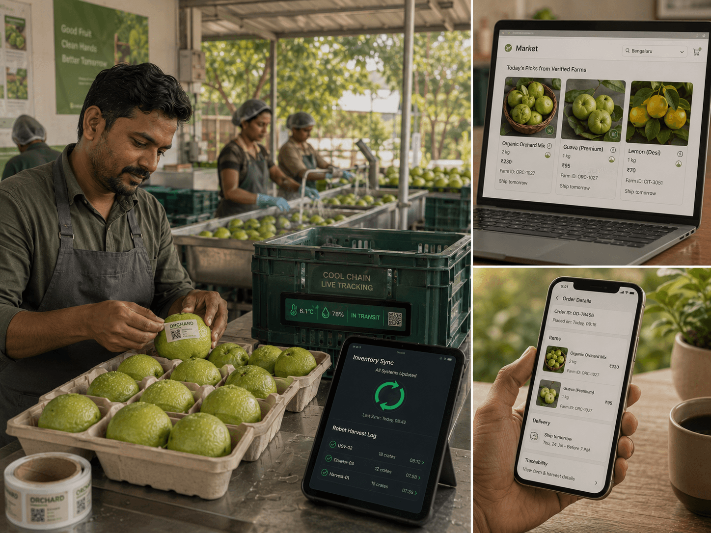 Farm packing line and Agros marketplace listing fresh produce for direct shipment.