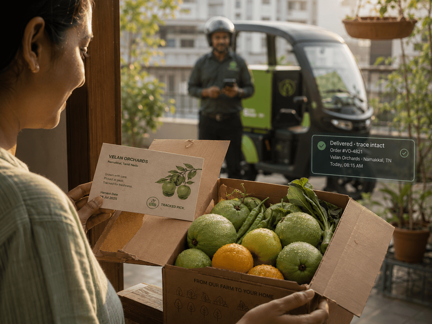Urban customer opening a traceable organic produce box delivered from the farm.