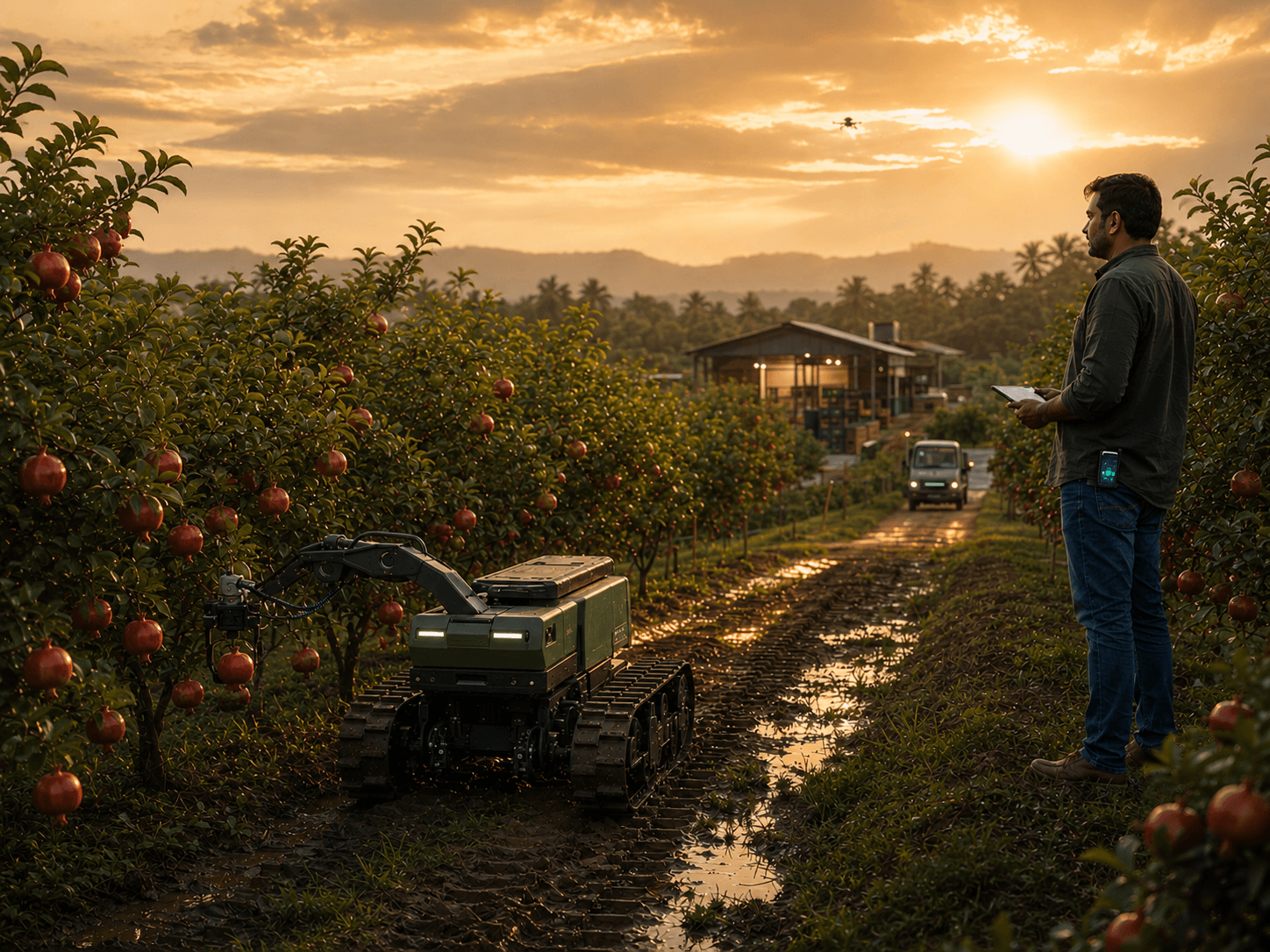 Marsh-capable orchard robot at golden hour with farmer supervision and sustainable farm landscape.