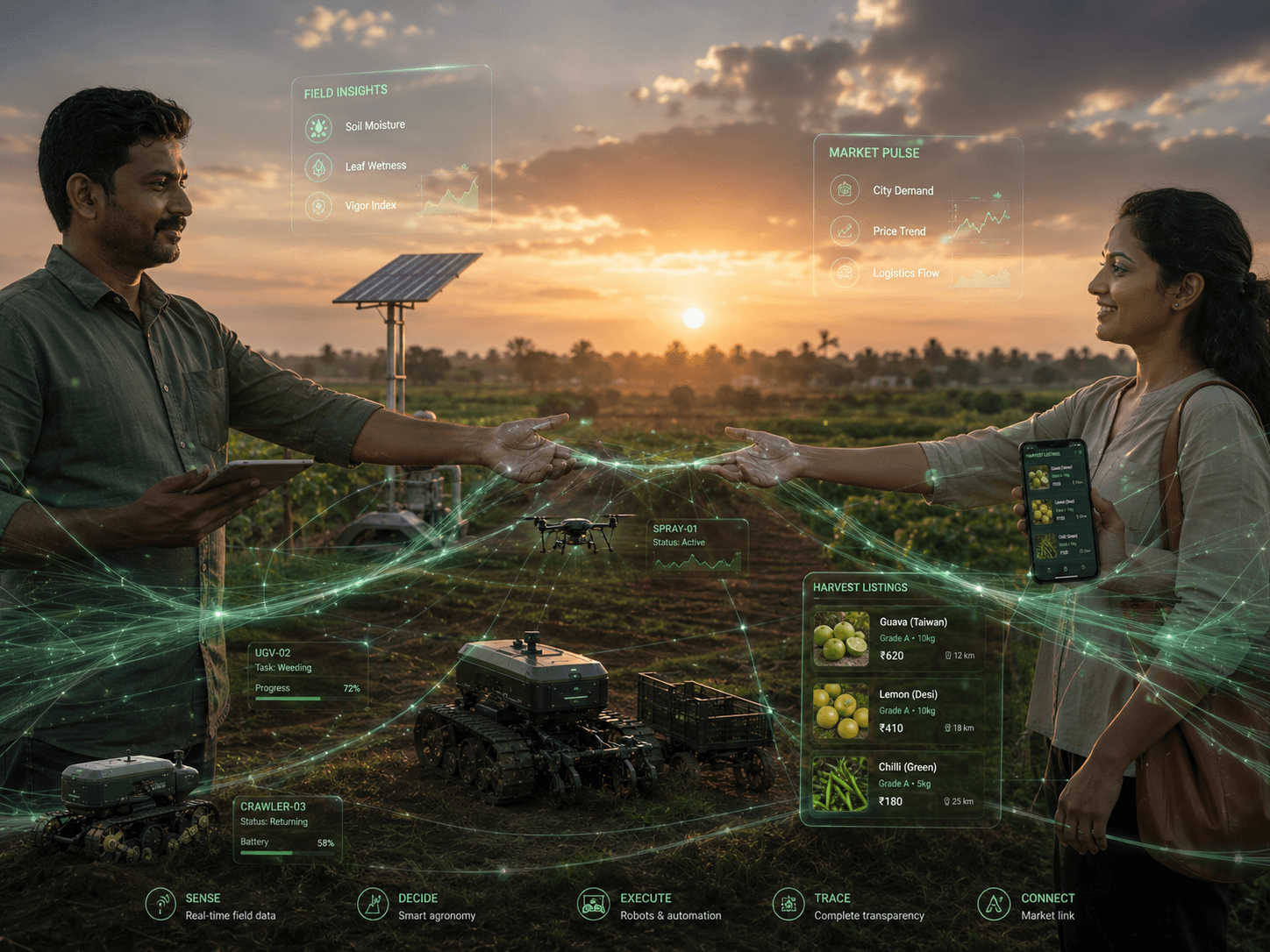 Conceptual weave connecting Indian farmers, field robots, and a farm marketplace in one ecosystem.