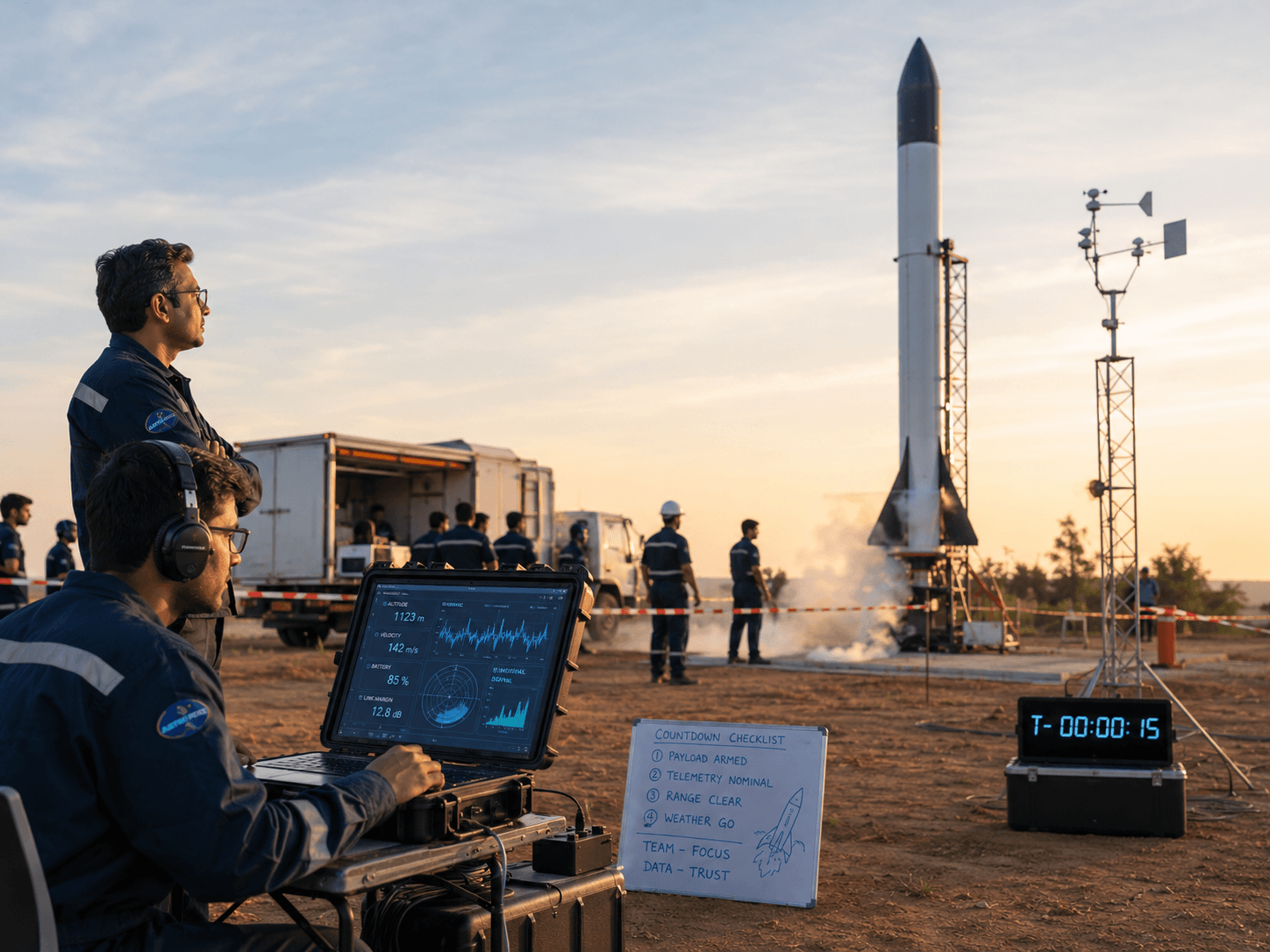 Student launch team at pad or balloon ops with telemetry console during flight-test day.