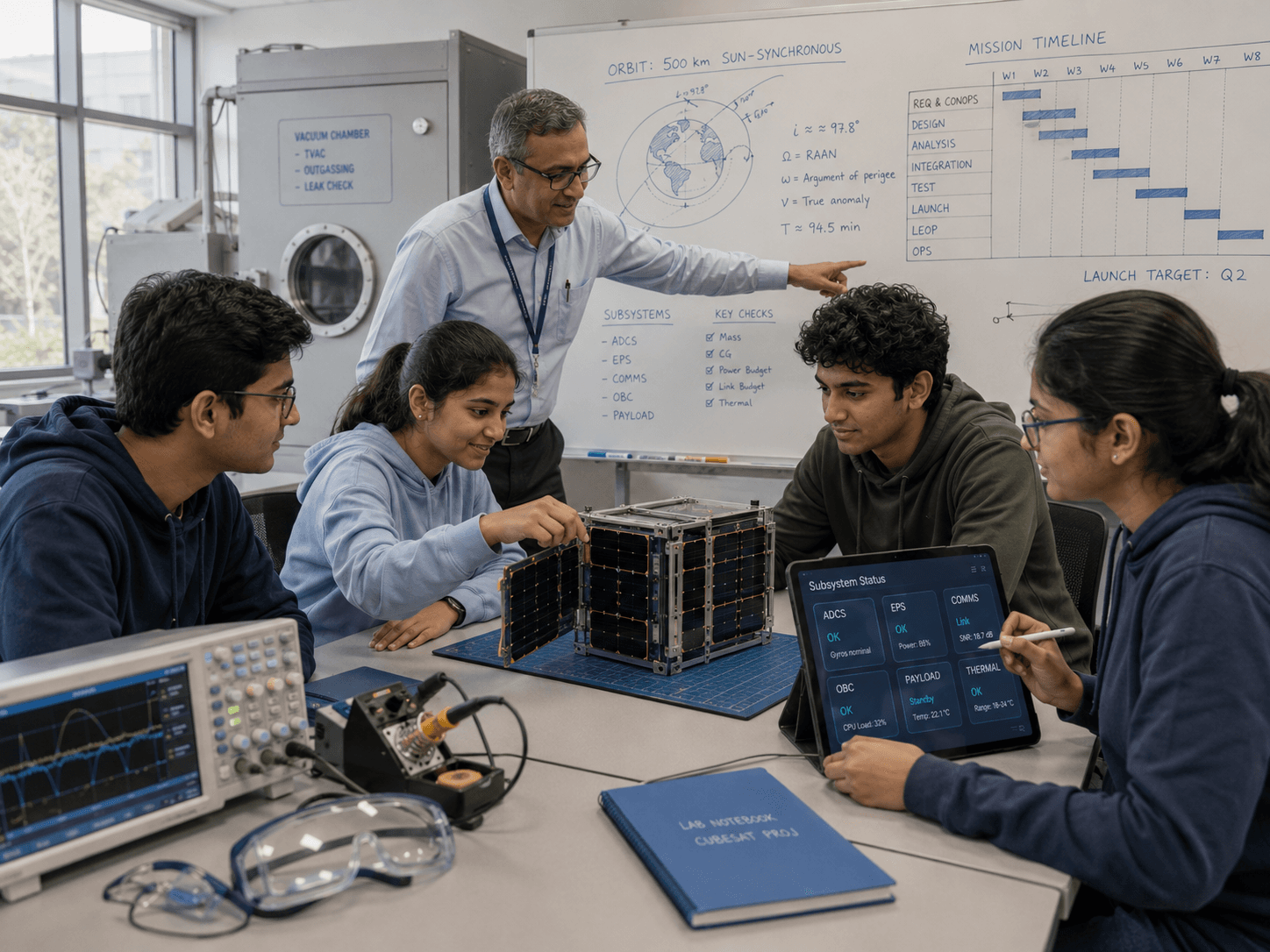 Professor and students in an aerospace lab with a cubesat model and mission engineering whiteboard.