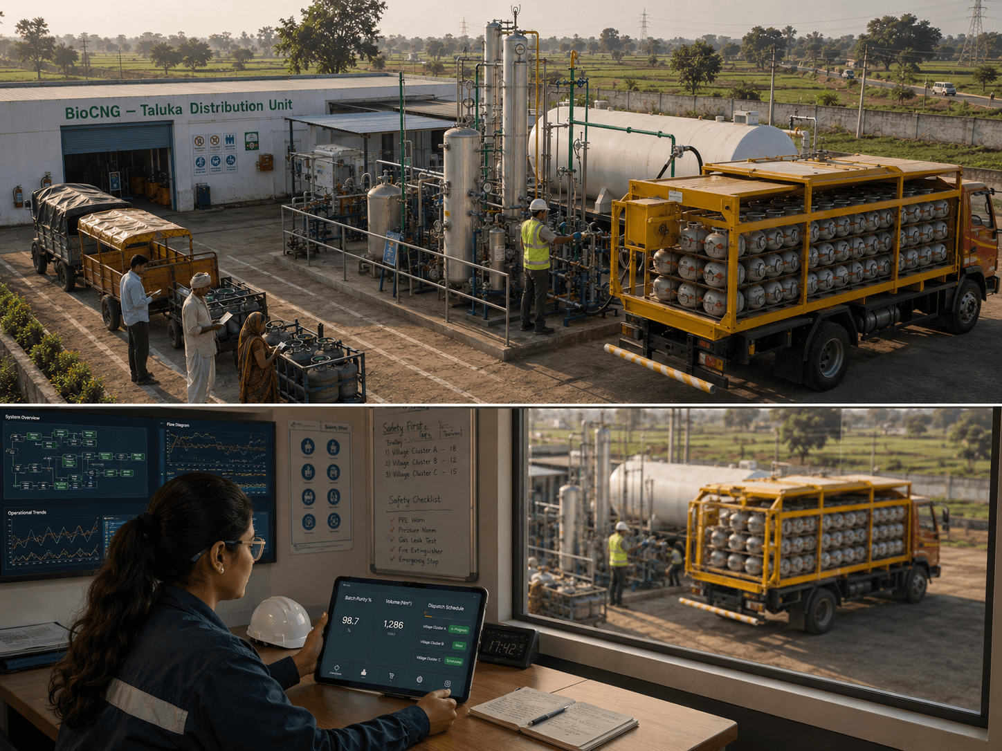 Taluka-scale bioCNG collection, refining, and distribution facility serving surrounding farms.
