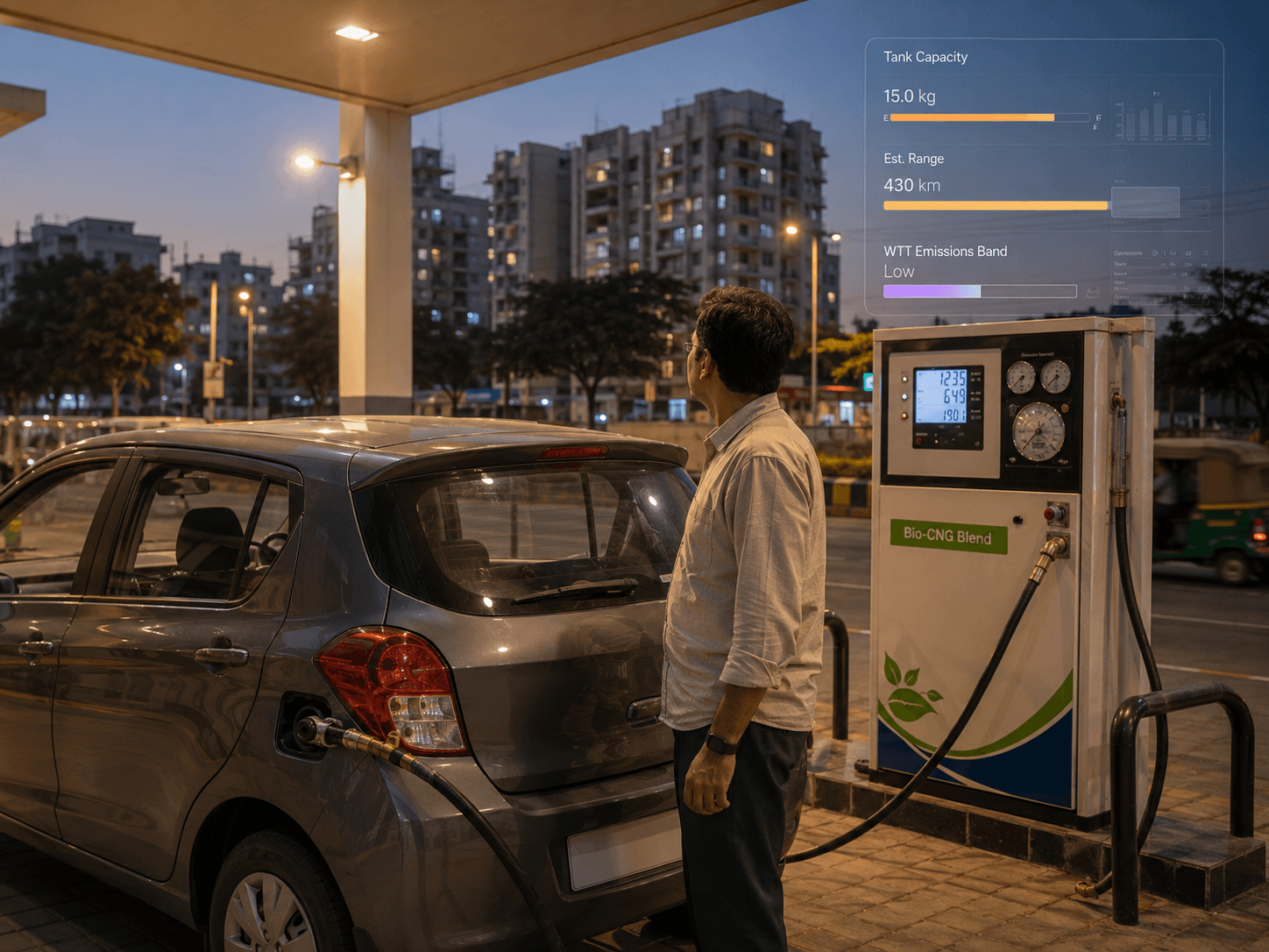Urban CNG dispensing with bio-origin provenance cues for commuter and fleet drivers.