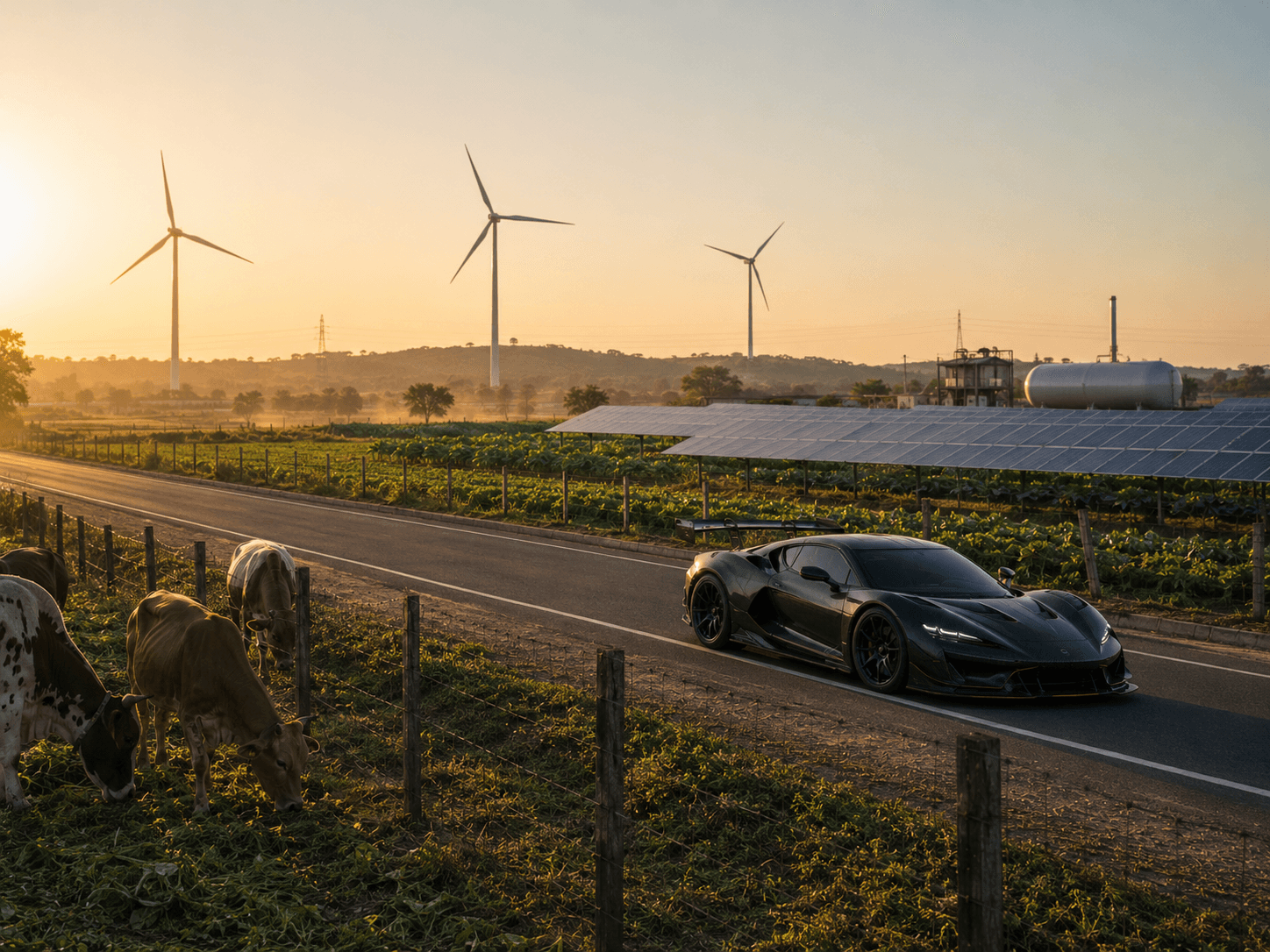 High-performance prototype on an Indian highway past grazing pasture, turbines, and photovoltaic fields.