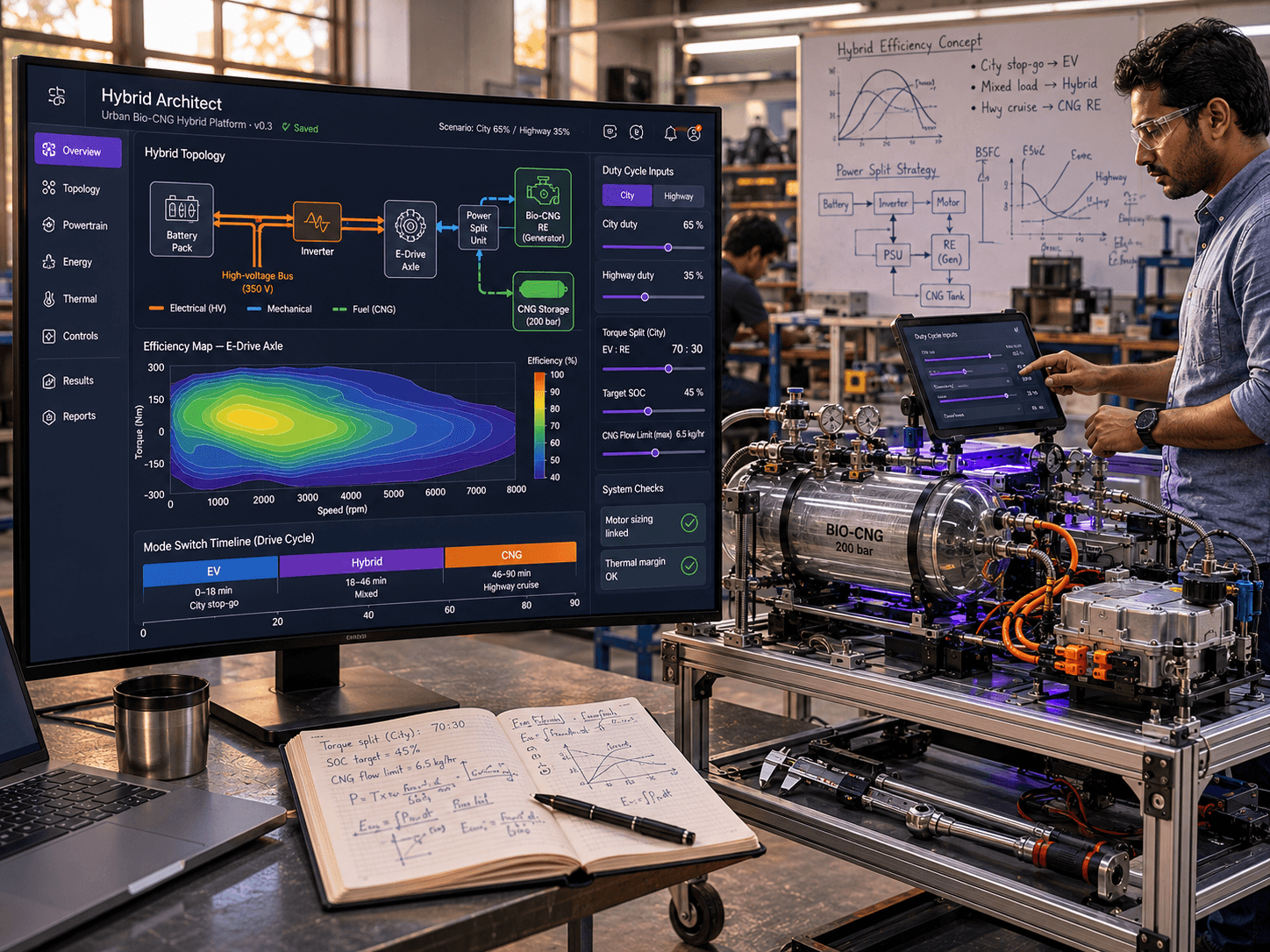 Hybrid and bioCNG powertrain architecture study in AxiOS.