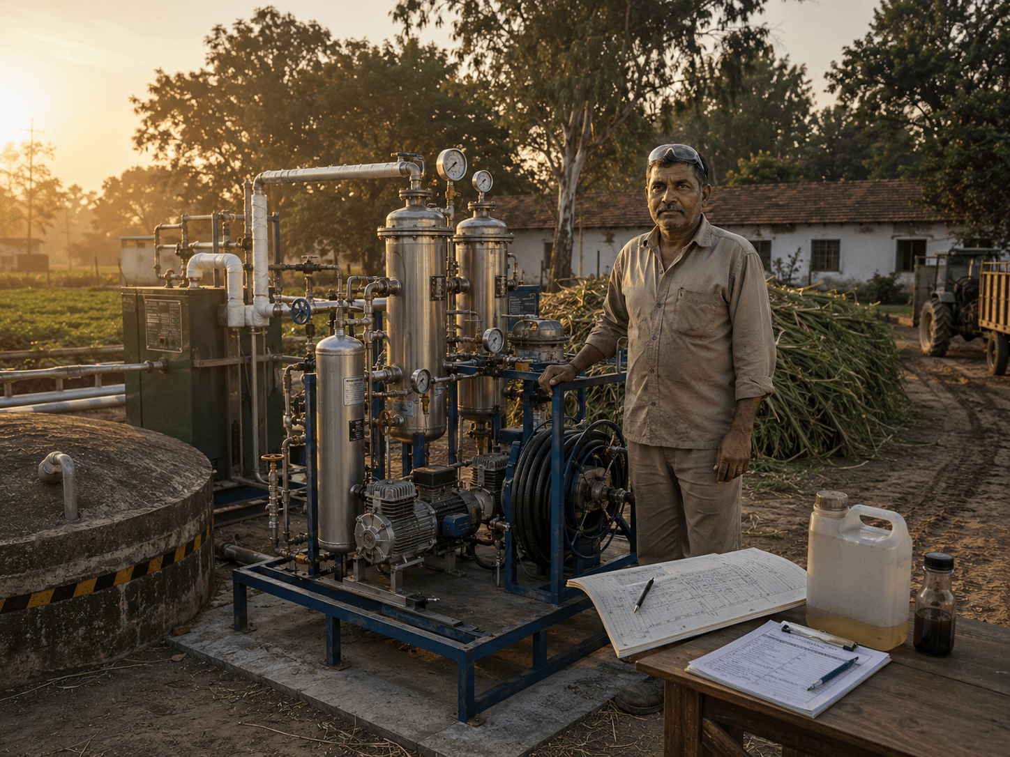 Farmer-operator at a rural biogas conditioning yard in India monitoring filtration and compression.
