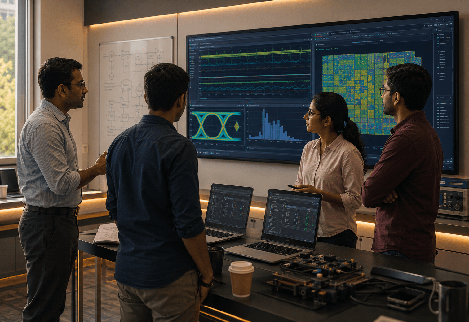 Engineers reviewing simulation and verification results on a large lab display.