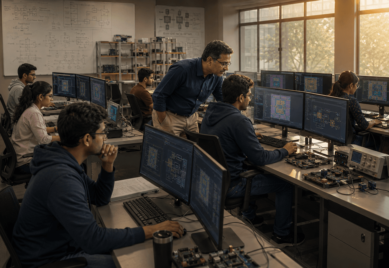 Students and professor at RTL design workstations in an Indian VLSI lab.