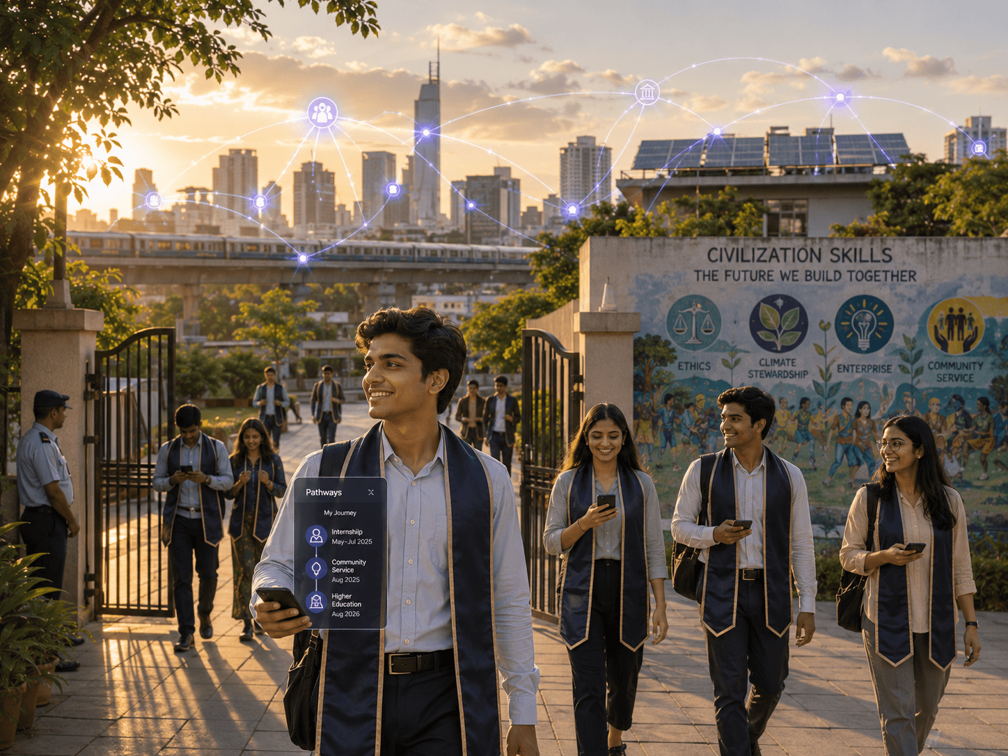 Graduation-era students and alumni pathway imagery suggesting agile citizens contributing to society.