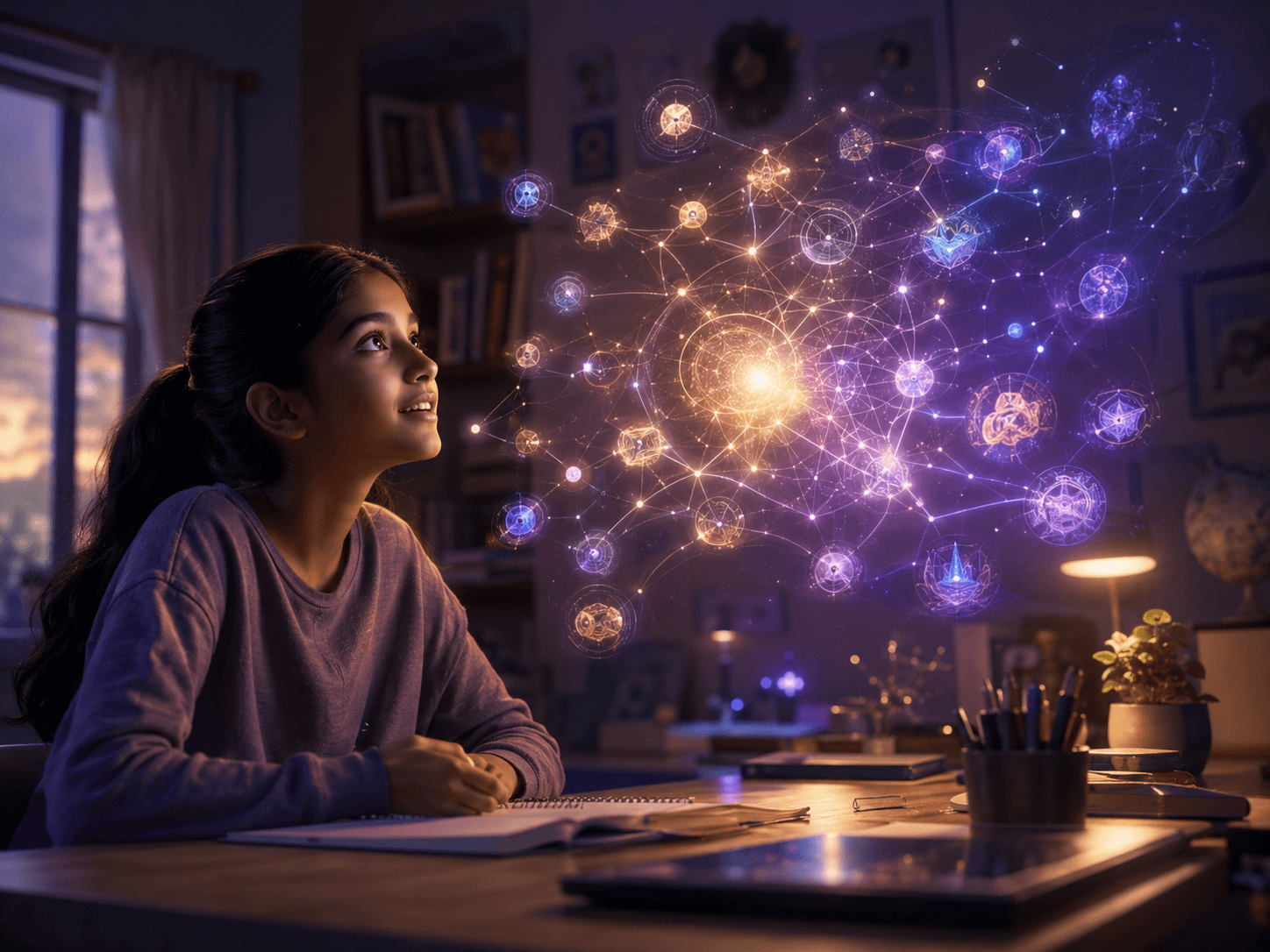 Young student at a desk with holographic learning paths expanding around a question they asked.