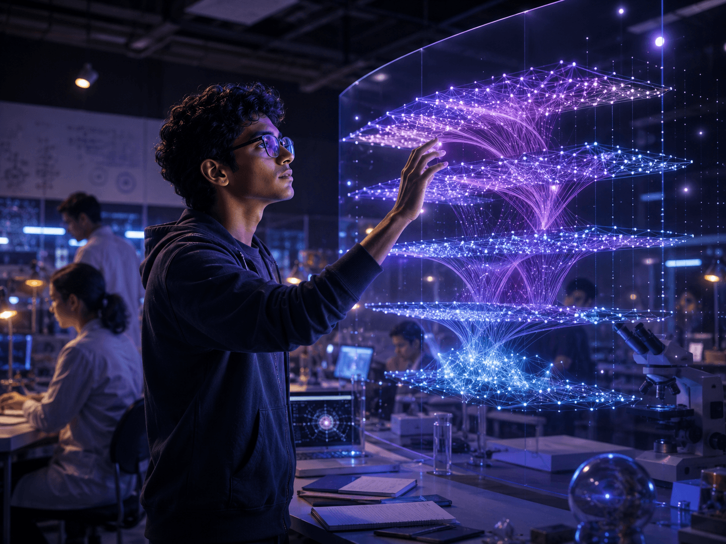 Young researcher surrounded by glowing neural network visualization in a university lab.
